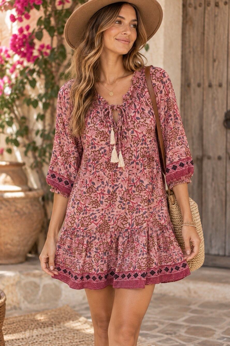 Natalie Martin Stevie Floral Mini Dress Pink Boho Peasant Tassel Size Small